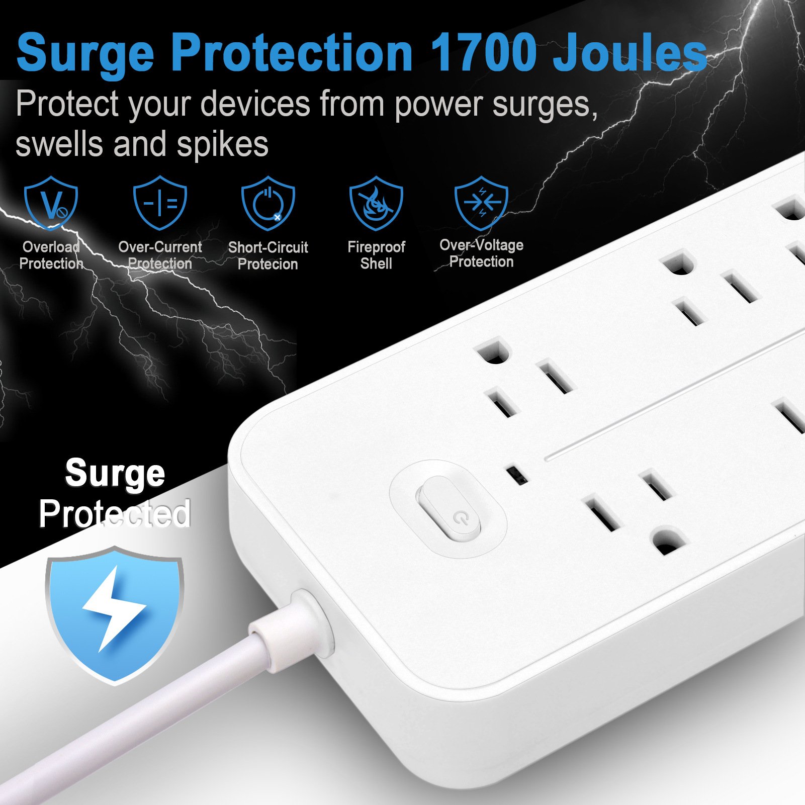 US Extension Power Strip Surge Protector Wall Mount 6 AC Outlets 4 USB Ports Power Cord Hotel Office Home Use Supports UK EU