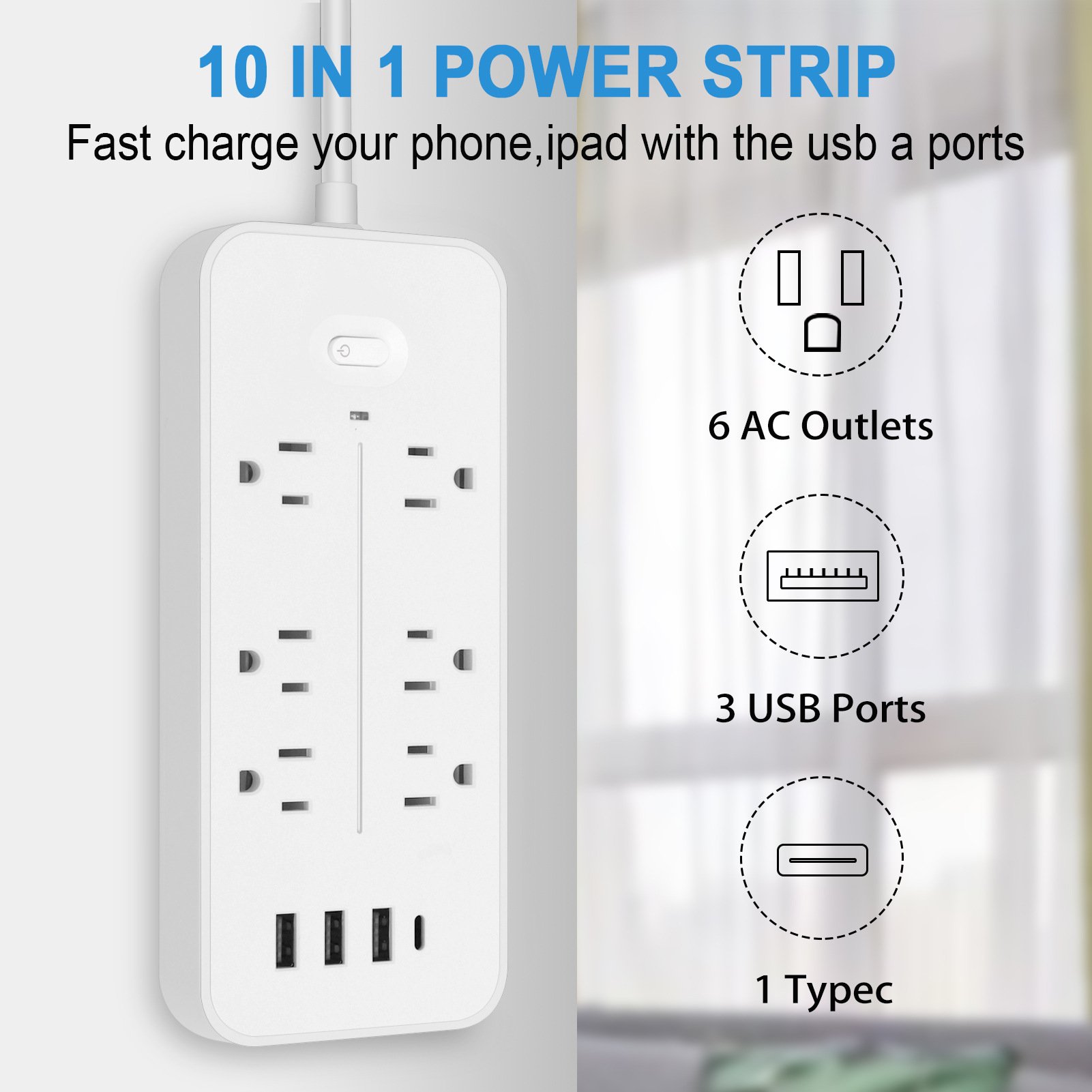 US Extension Power Strip Surge Protector Wall Mount 6 AC Outlets 4 USB Ports Power Cord Hotel Office Home Use Supports UK EU