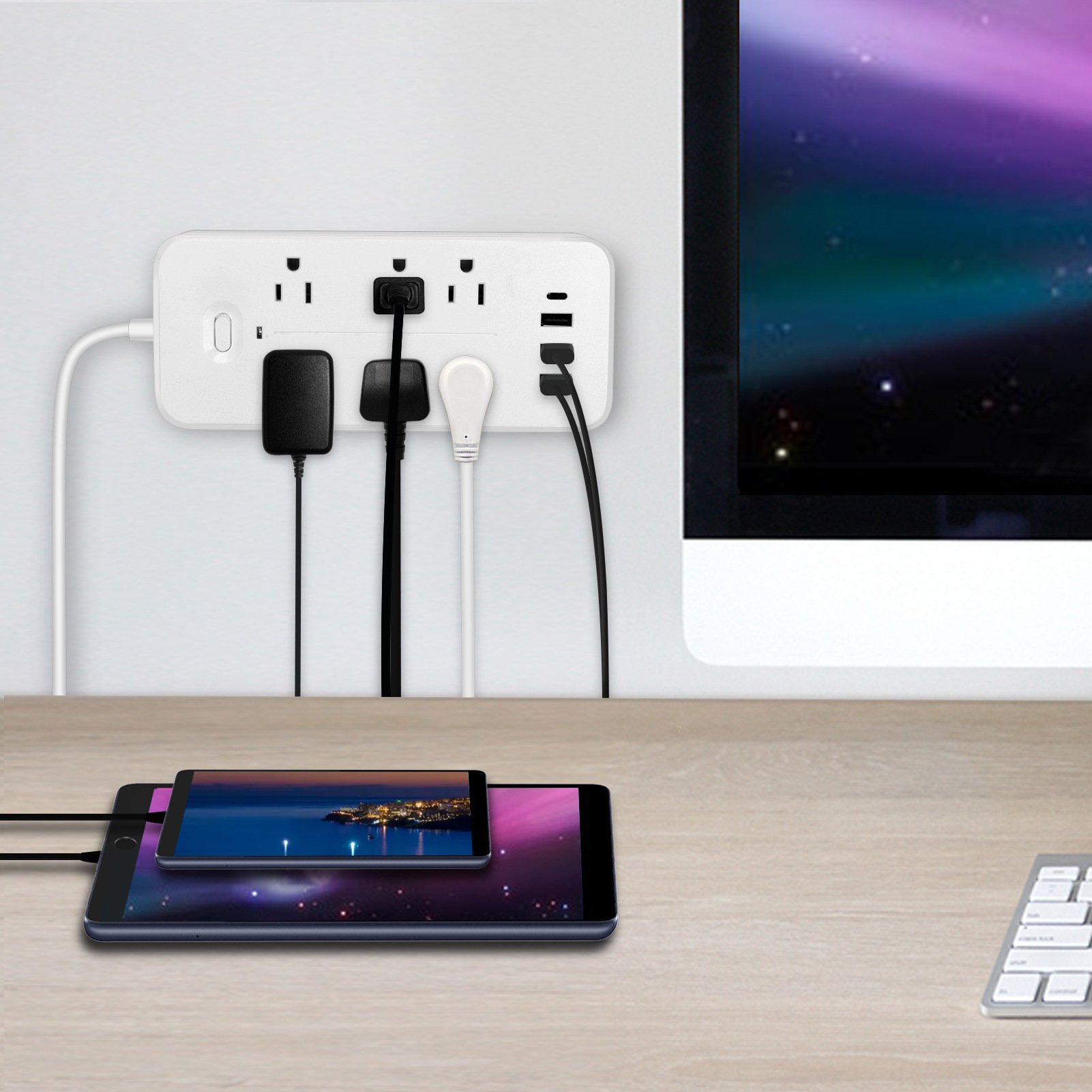 US Extension Power Strip Surge Protector Wall Mount 6 AC Outlets 4 USB Ports Power Cord Hotel Office Home Use Supports UK EU