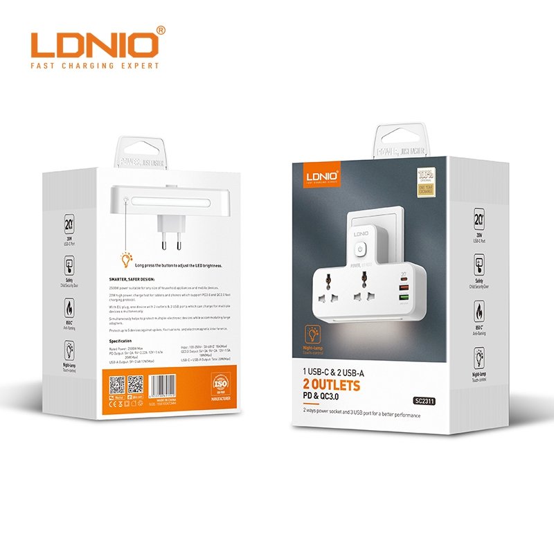 LDNIO SC2311 Universal 3 USB Port PD QC 3.0 10A 2 AC Power Socket NIGHT-LAMP EU US UK PLUG Power Strip Extension Socket
