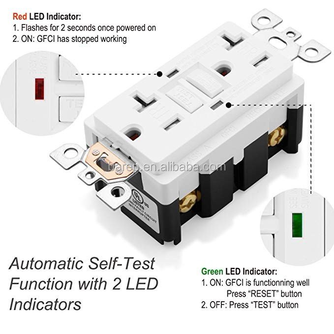 BAREP UL Listed 120V Wall Electrical Socket GFCI Plug Wall Outlet Receptacle Gfci Socket Outlet US Standard USA White NFC 20A