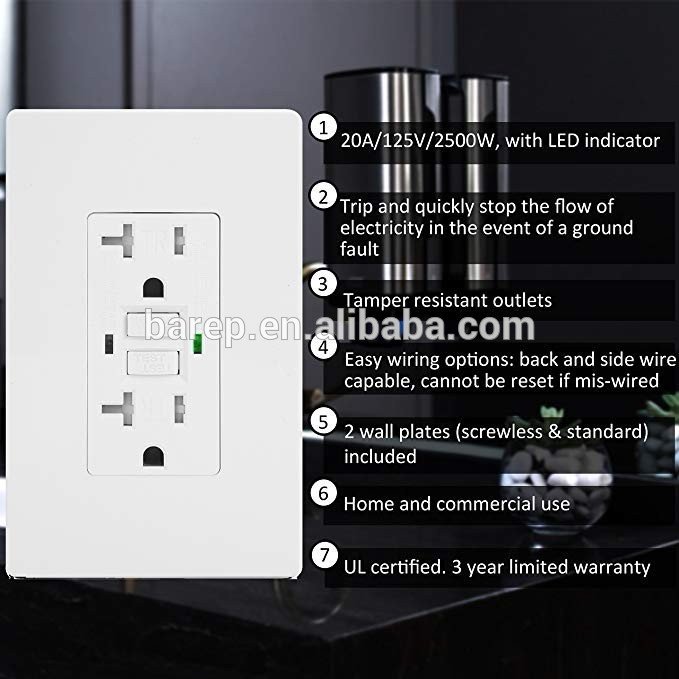 BAREP UL Listed 120V Wall Electrical Socket GFCI Plug Wall Outlet Receptacle Gfci Socket Outlet US Standard USA White NFC 20A