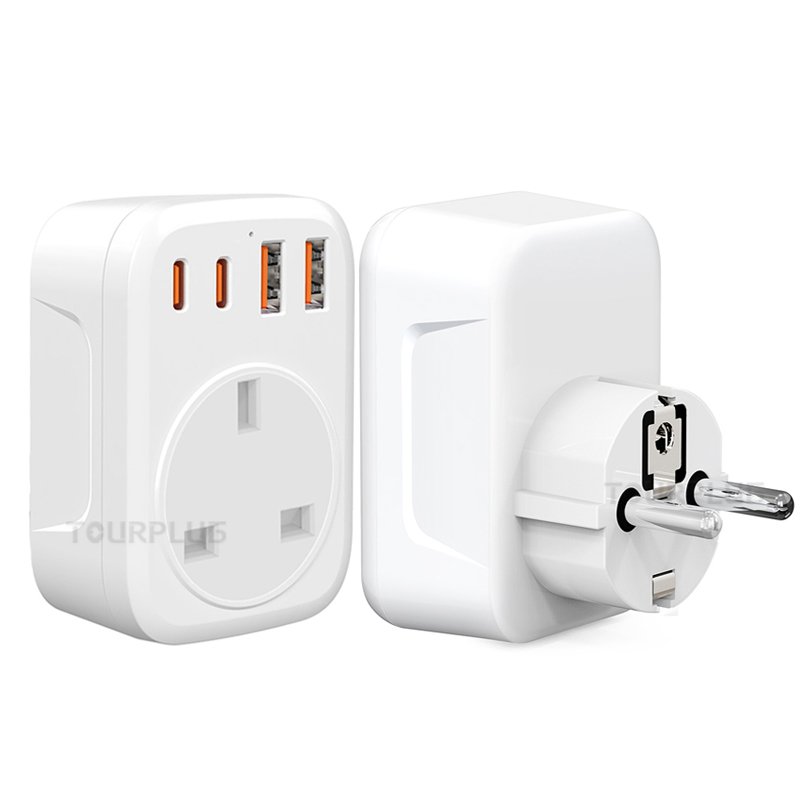 UK to European Plug Adapter with 4 USB Ports, Grounded European Travel Adapter with 2 USB 2 Type C Plug Adaptor UK to EU