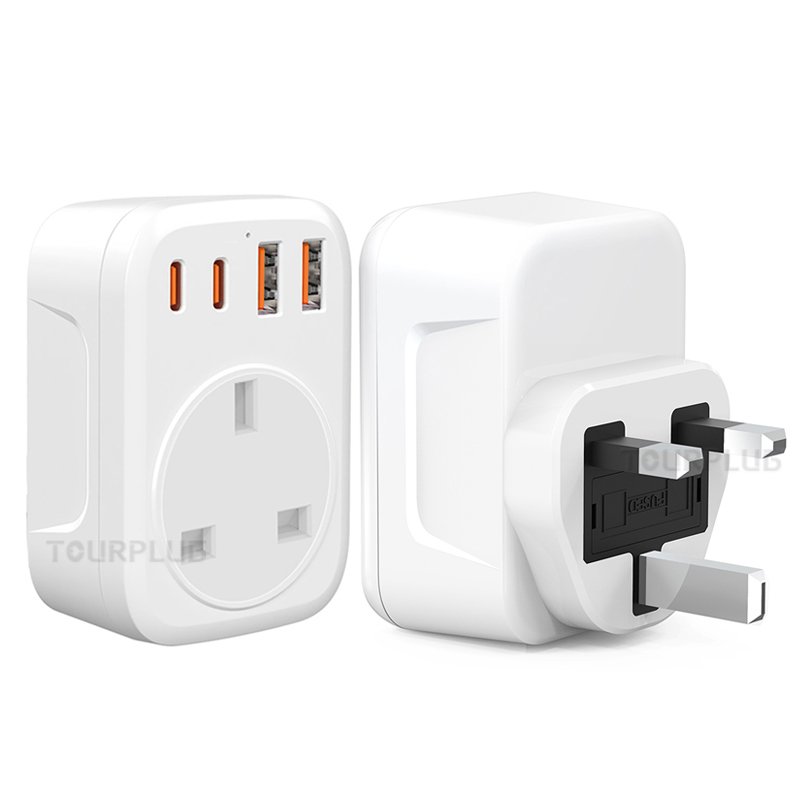UK to European Plug Adapter with 4 USB Ports, Grounded European Travel Adapter with 2 USB 2 Type C Plug Adaptor UK to EU