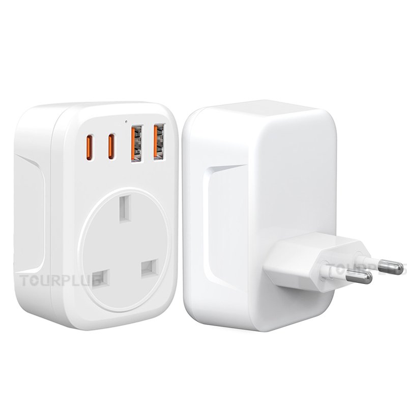 UK to European Plug Adapter with 4 USB Ports, Grounded European Travel Adapter with 2 USB 2 Type C Plug Adaptor UK to EU