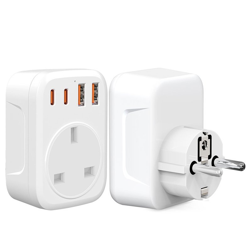 UK to European Plug Adapter with 4 USB Ports, Grounded European Travel Adapter with 2 USB 2 Type C Plug Adaptor UK to EU