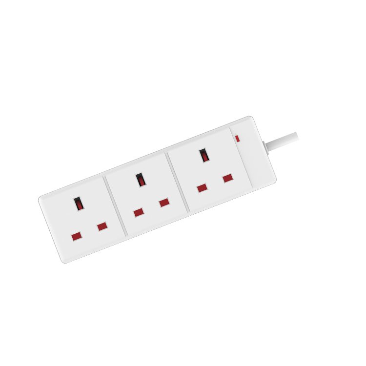 World Techno 4 Gang Way Extension Lead UK Pin Plug and Cable - Multi Socket Mains Strip (White 3 Metre Cable)