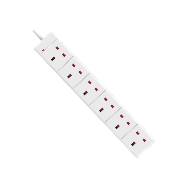 World Techno 4 Gang Way Extension Lead UK Pin Plug and Cable - Multi Socket Mains Strip (White 3 Metre Cable)
