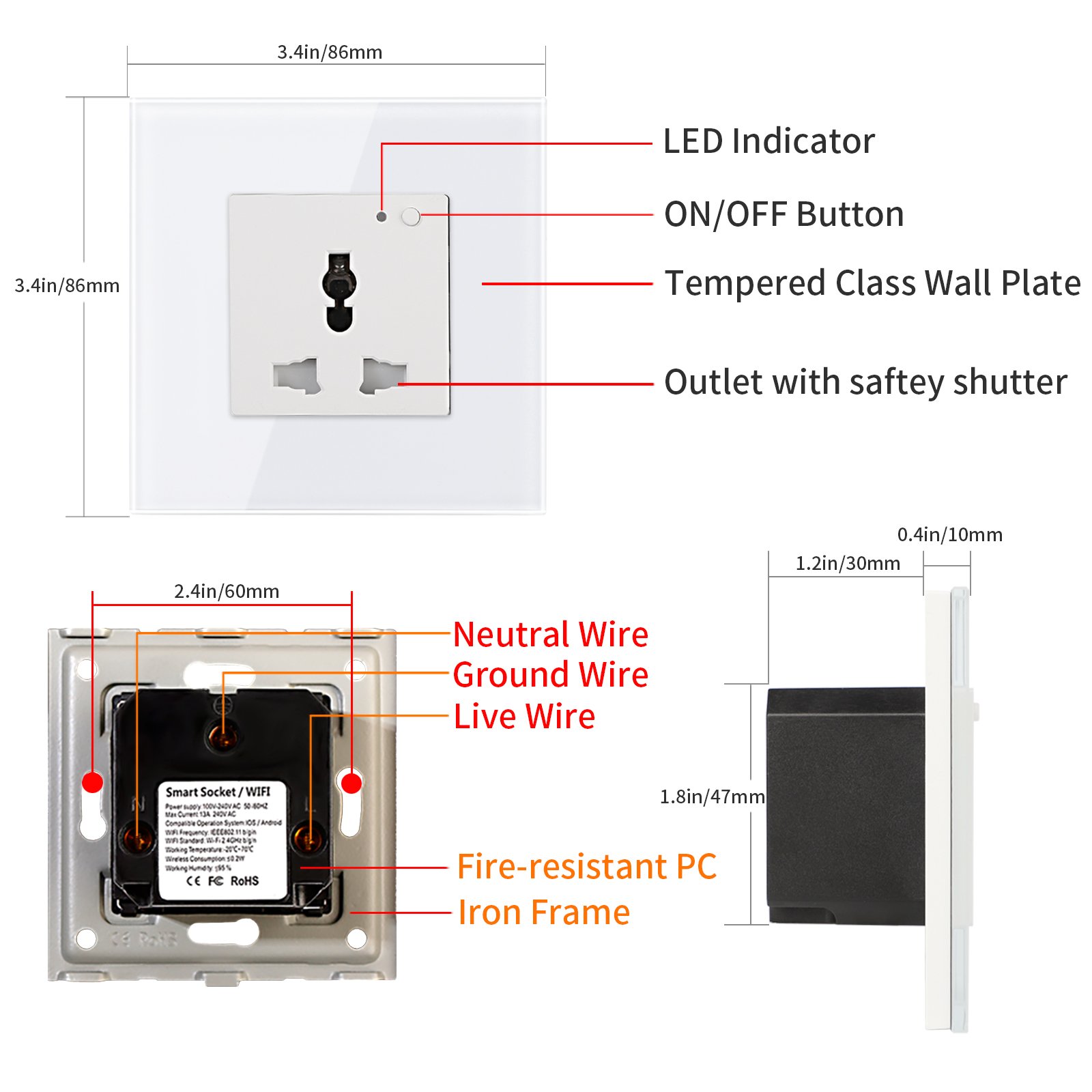 Bingoelec Tuya wifi control Smart Glass Panel Universal Wall Socket plug With LED Indicator and power monitor