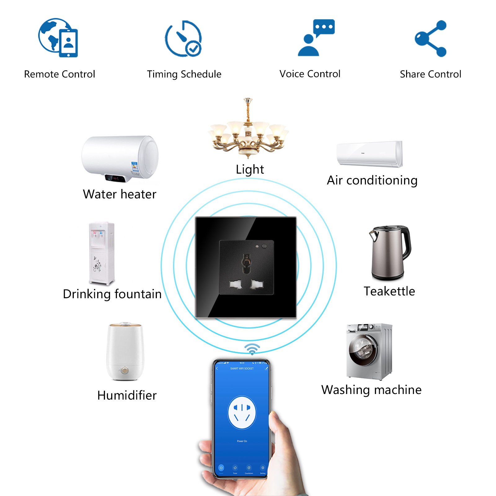 Bingoelec Tuya wifi control Smart Glass Panel Universal Wall Socket plug With LED Indicator and power monitor
