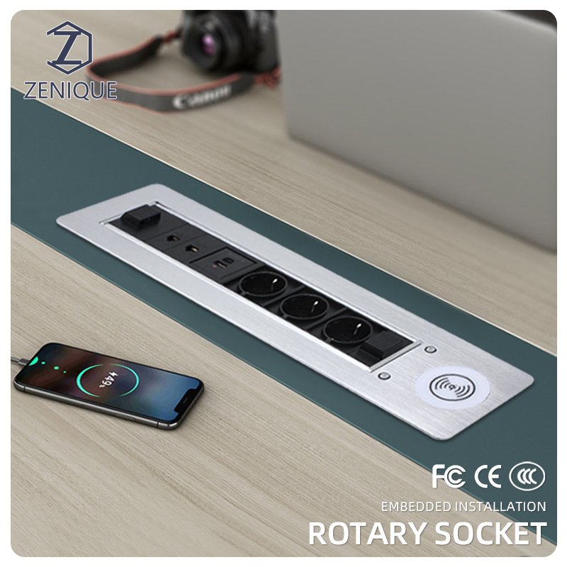 Motorized Rotating Multimedia Tabletop Desktop Power Socket Hidden Plug Recessed Table Power Outlet For Furniture Tables