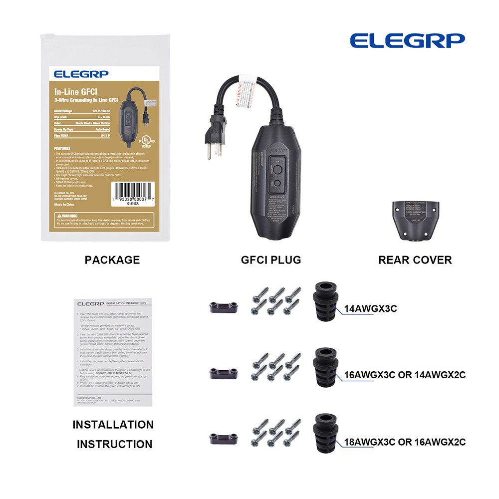 15 Amp Auto Reset 3 Prong self-test In-line Portable GFCI extension cord Right Angle Plug Assembly