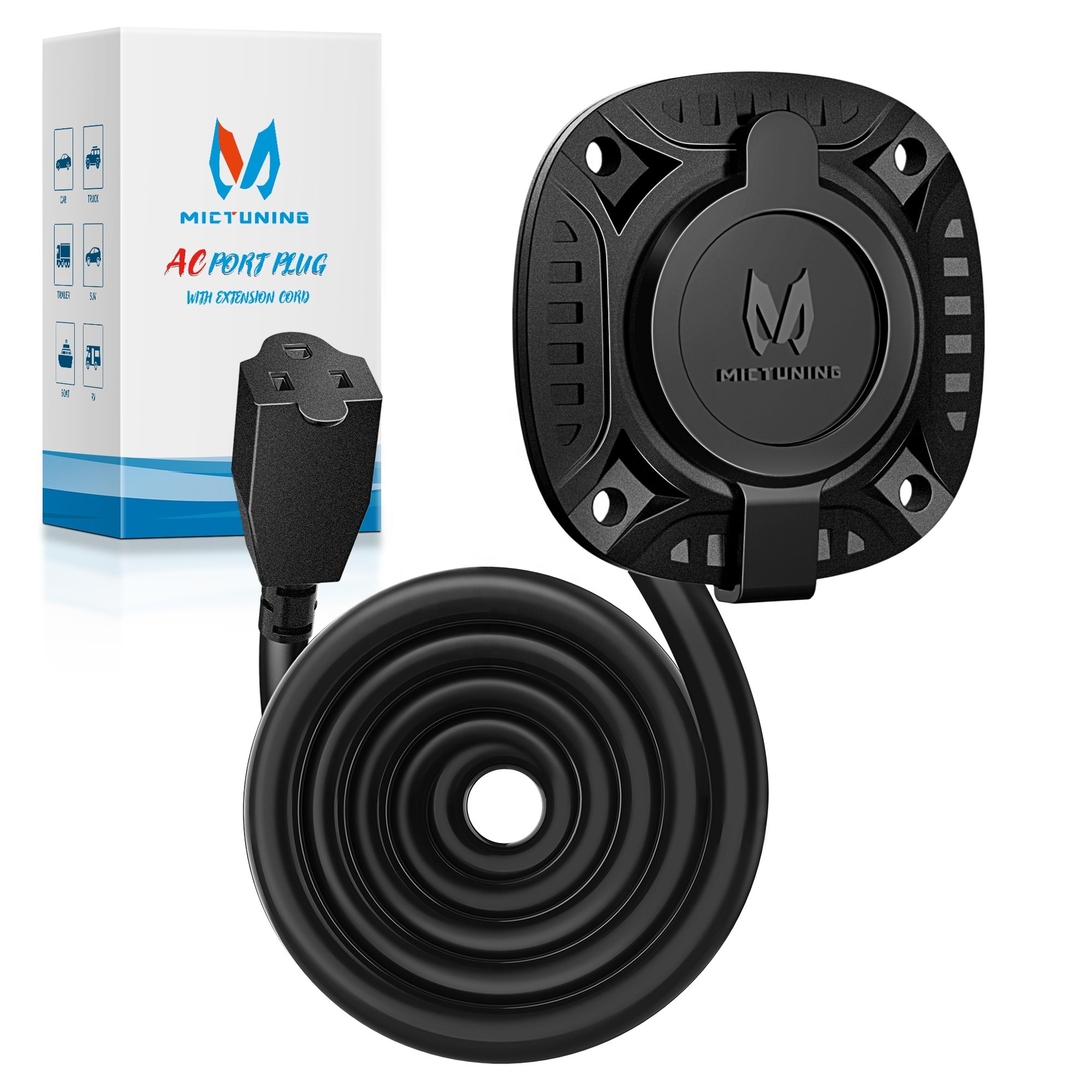 Heavy Duty Black Water-Resistant Cover Integrated 72" Extension Cable Cord AC Port Plug