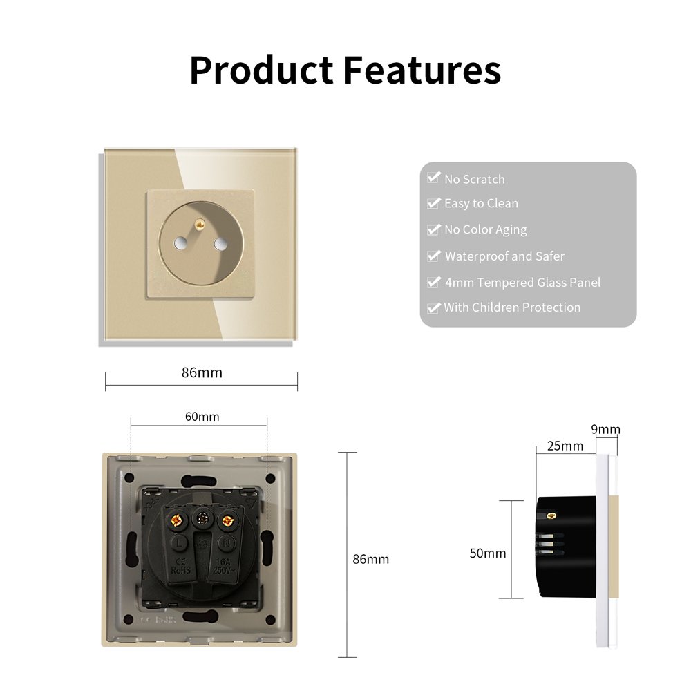 Bingoelec EU/UK Standard Single Electrical Glass Panel Home Plugs Power Schuko Sockets Wall Power Charging Socket Sets