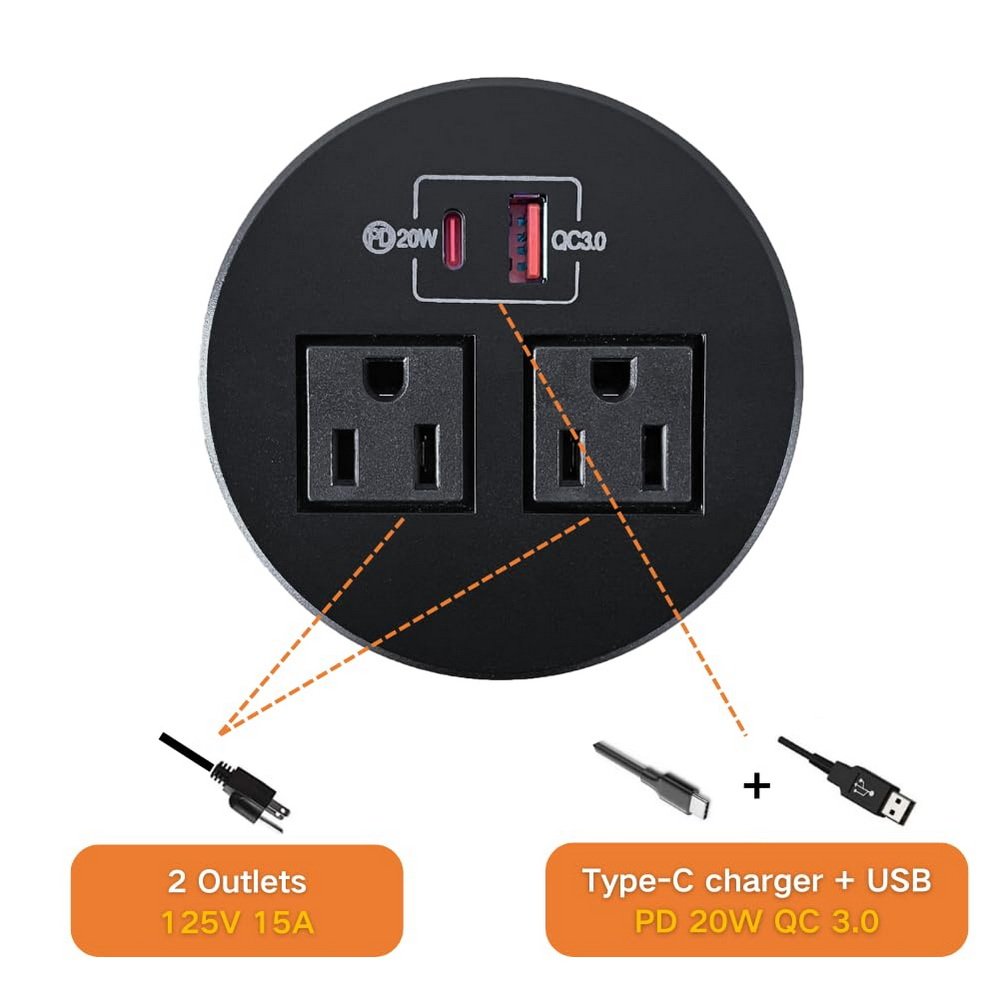 2 US Plugs Conference table grommet power outlet Recessed desk outlet desk power grommet with USB A USB C Fast Charging Ports
