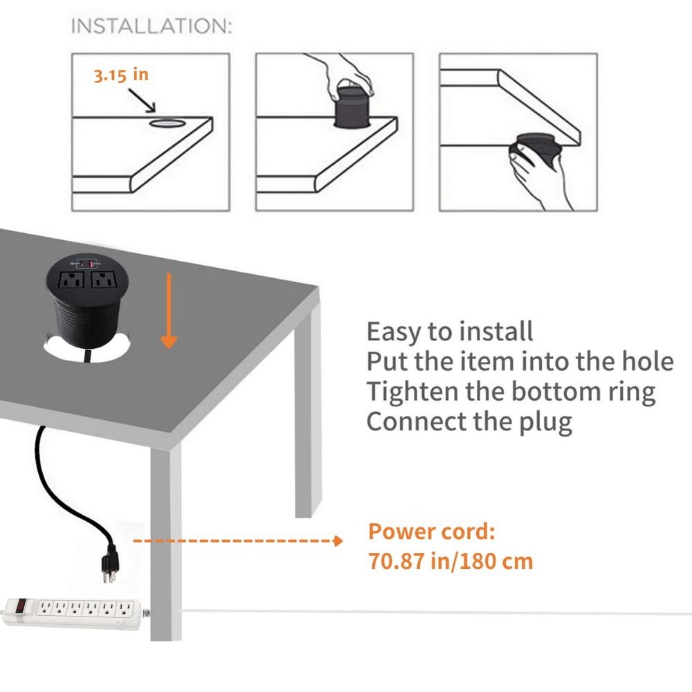 2 US Plugs Conference table grommet power outlet Recessed desk outlet desk power grommet with USB A USB C Fast Charging Ports
