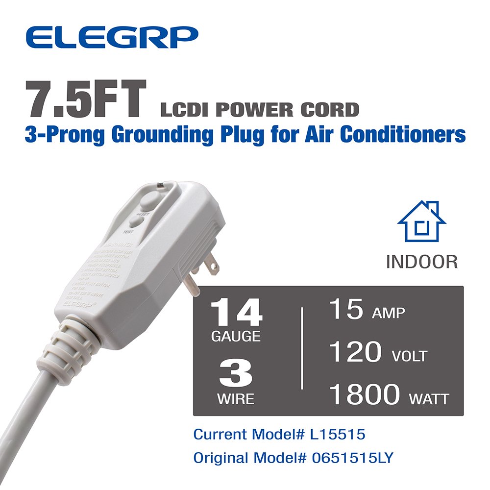 LCDI Power Cord Plug 15Amp 1800W 14AWG 7.5FT for A/C Air Conditioner 5-15P Certified LCDI plug LCDI Power Cord Plug