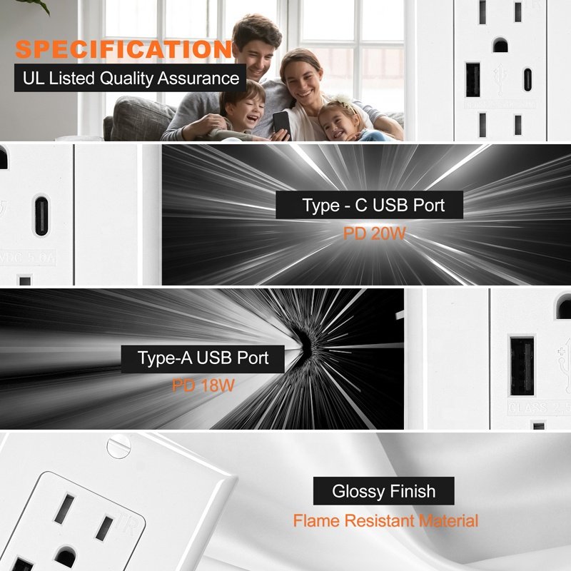 American Standard 15A 125V Wall Plug Socket With 5V 5A USB Outlet Type A Type C Decorate Wall Socket