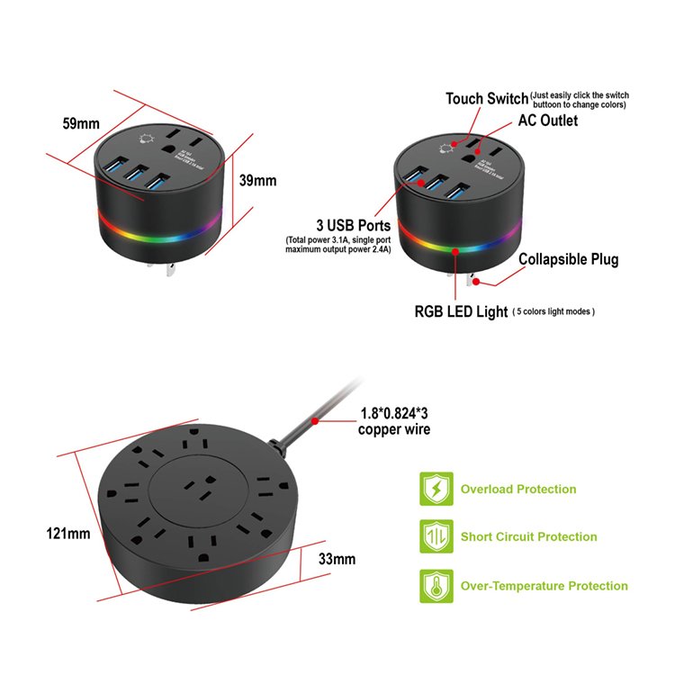 USA surge protector power strips with 9 outlets 3usb ports with RGB led light for 3 pin plugs
