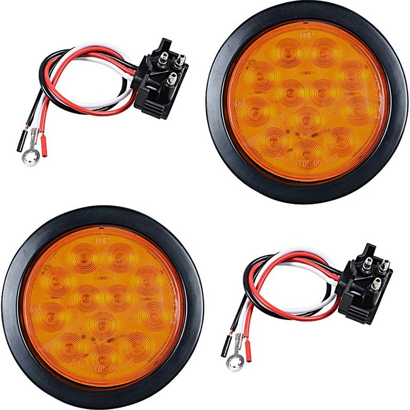 4 Inch Round 12 LED Tail Lights Stop Turn Tail Back-up Reverse Fog Lights w/Grommet 3-Prong Wire Pigtails for Truck Trailer RV