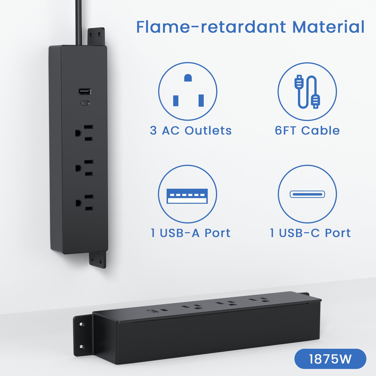 3 Plugs Mountable Under Desk Power Strip with Usb Ports Connect 6FT Extension Cord Desktop Hanging Power Sockets