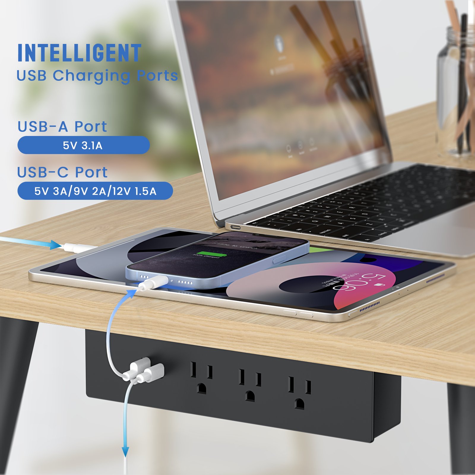 3 Plugs Mountable Under Desk Power Strip with Usb Ports Connect 6FT Extension Cord Desktop Hanging Power Sockets