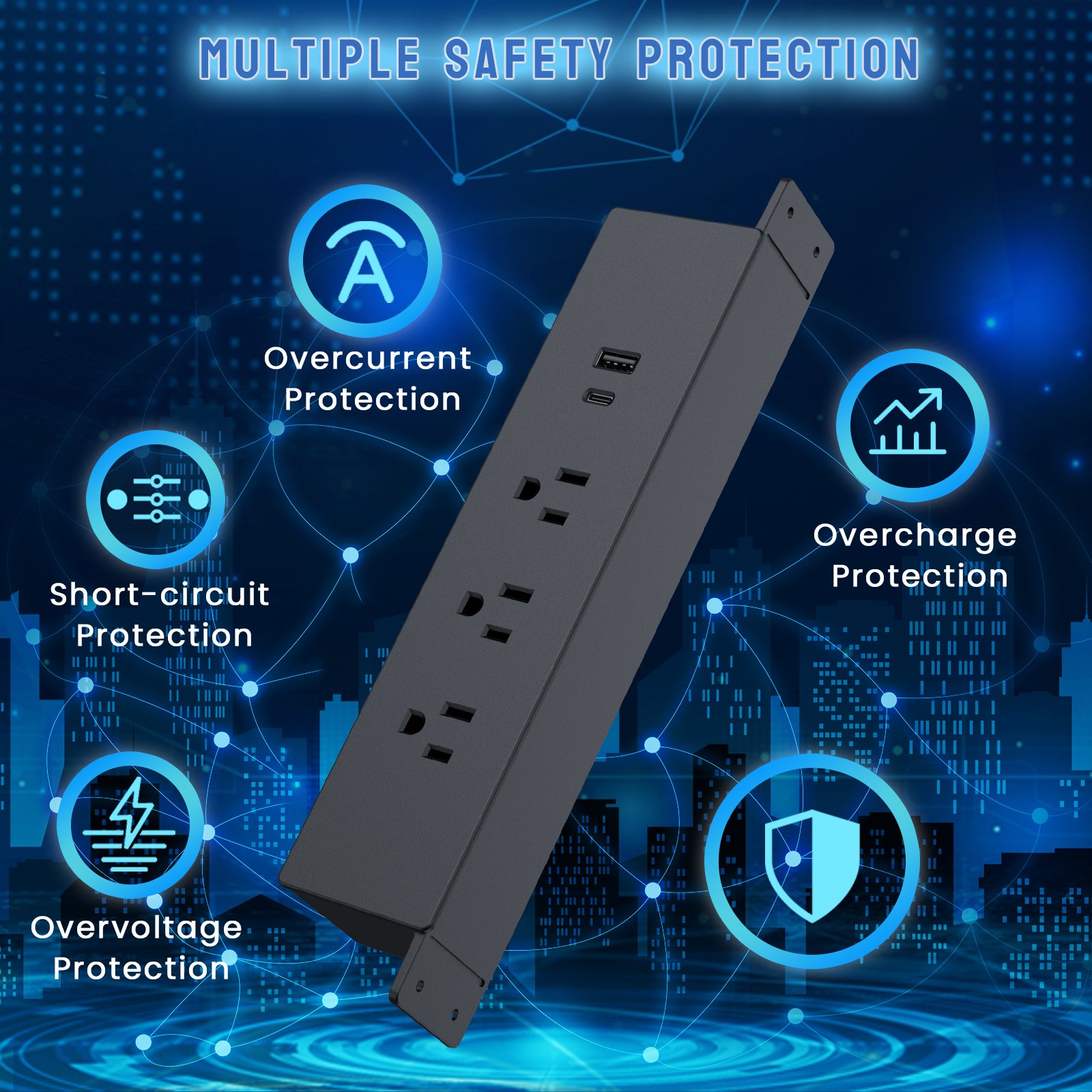 3 Plugs Mountable Under Desk Power Strip with Usb Ports Connect 6FT Extension Cord Desktop Hanging Power Sockets