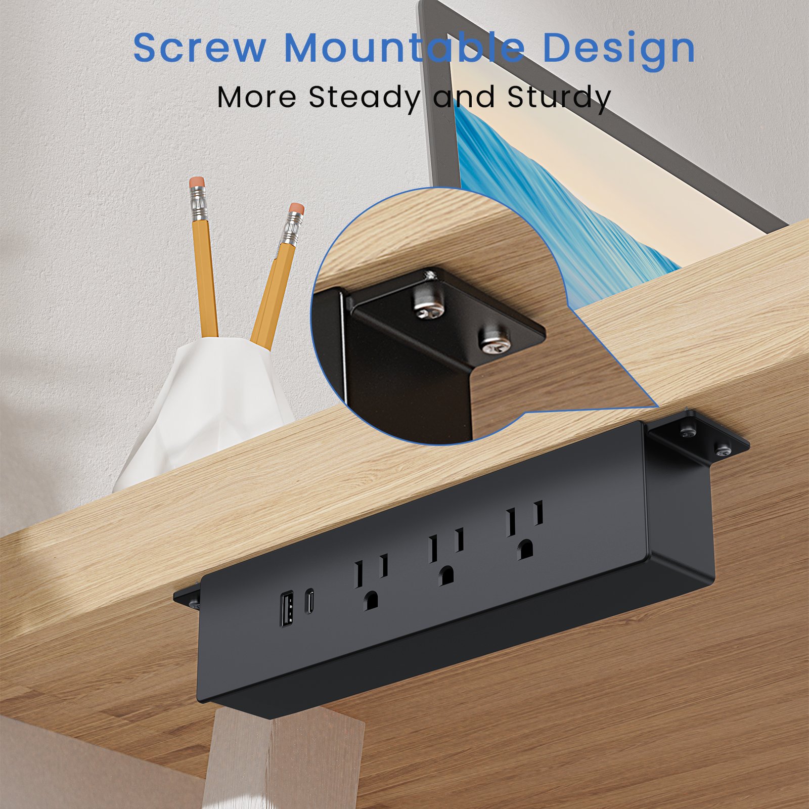 3 Plugs Mountable Under Desk Power Strip with Usb Ports Connect 6FT Extension Cord Desktop Hanging Power Sockets
