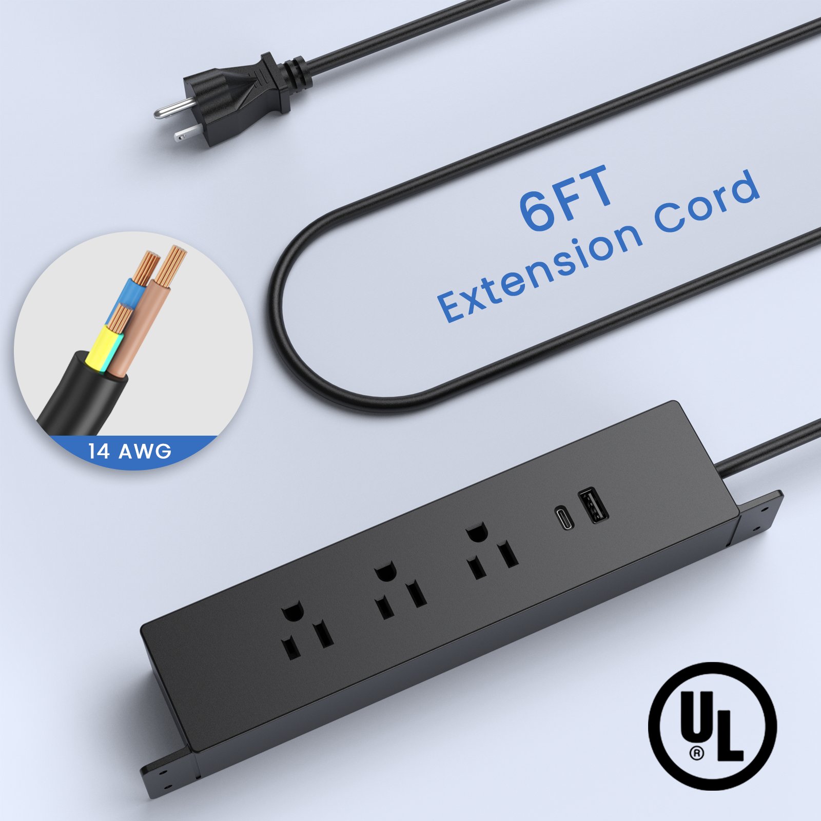 3 Plugs Mountable Under Desk Power Strip with Usb Ports Connect 6FT Extension Cord Desktop Hanging Power Sockets