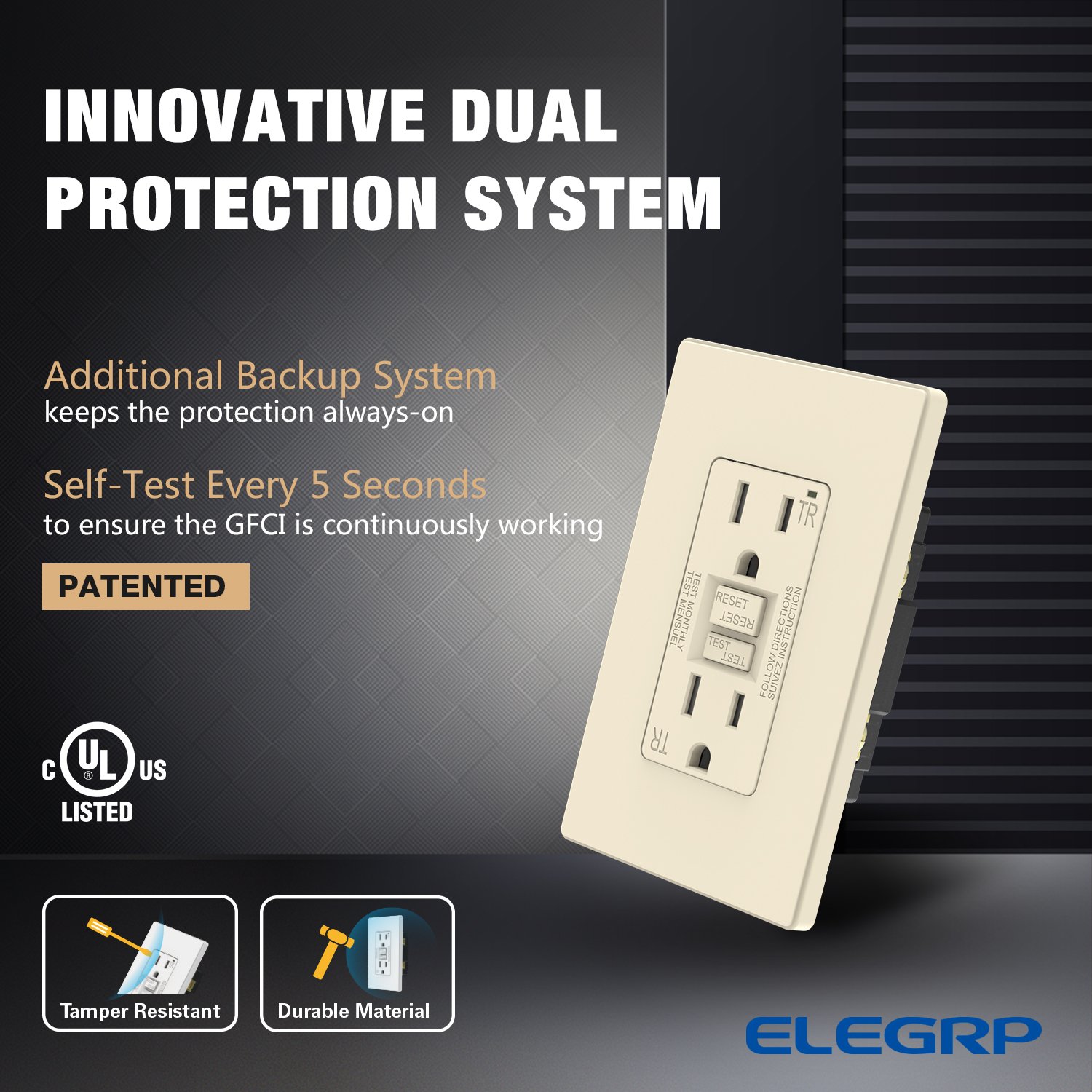 TR Outlet Self-test GFCI Plug Electric Wall Switch manufacturers NEMA 5-15R In-wall Outlet, Light Almond wall Socket