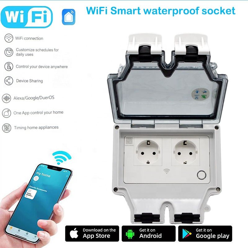 IP66 Standard EU Power Jack App Remote Control 16A WiFi Smart Wall Socket Outdoor Waterproof Switch Plug