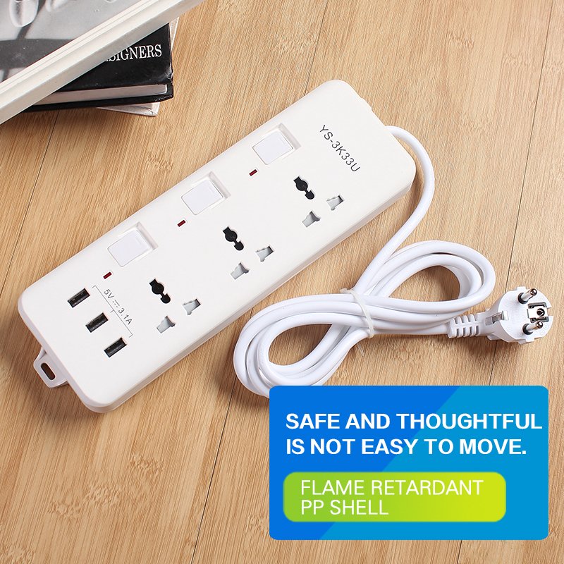 New Plug Power Board 3 Usb Charger Output 3.1a 2m Extension Cord Travel Portable Power Board,Suitable For Office Extension
