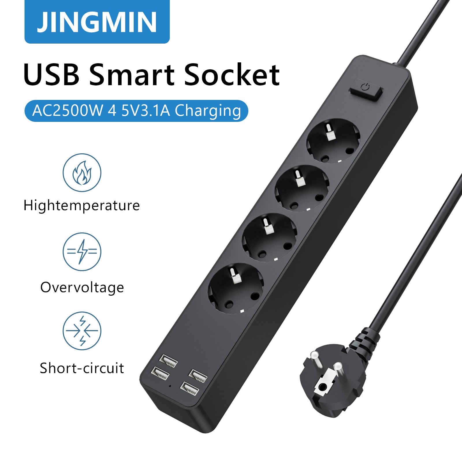 2500W 1.5M Cable Extension Power Strip with4 USB Port & Overload Protection Safety Switch for Home Office-EU Plug