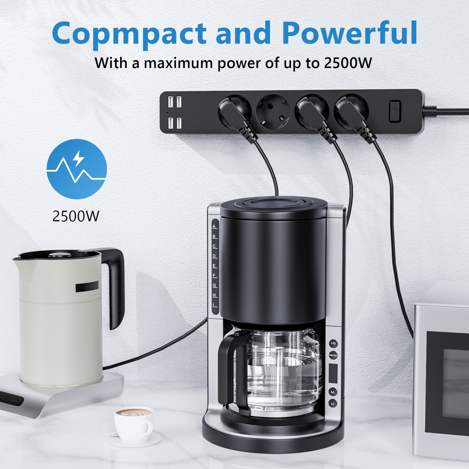 2500W 1.5M Cable Extension Power Strip with4 USB Port & Overload Protection Safety Switch for Home Office-EU Plug