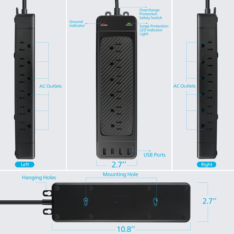 Multi Plug Extension Cord 10ft Heavy Duty USB Charging Station Power Strip 18 3 Side Surge Protector Wall Mount Outlet Extender