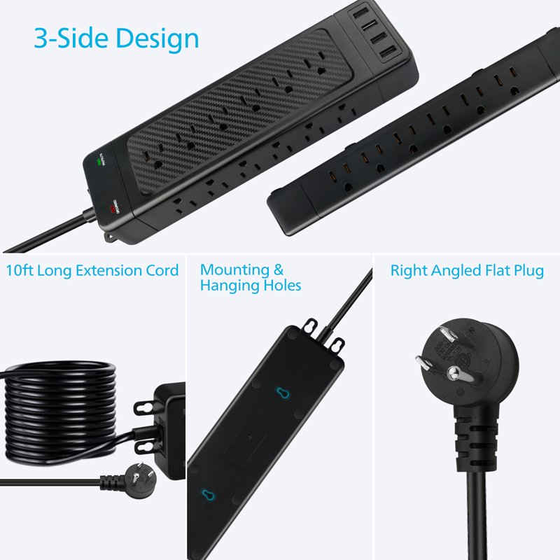 Multi Plug Extension Cord 10ft Heavy Duty USB Charging Station Power Strip 18 3 Side Surge Protector Wall Mount Outlet Extender