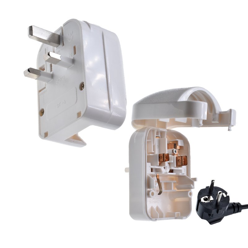 EU Schuko to UK plug adapter Round 4.8mm 2 pins to Type-G BS 3 pins Converter Adaptor 13A 250V Built-in fuse White EU elbow Plug