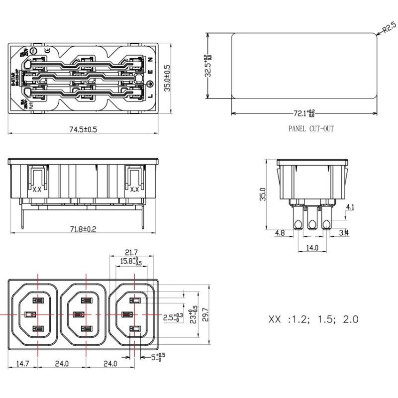 IEC 60320 C13 Snap-in universal wall socket for UPS PDU multiple power AC inlet outlet plug connector