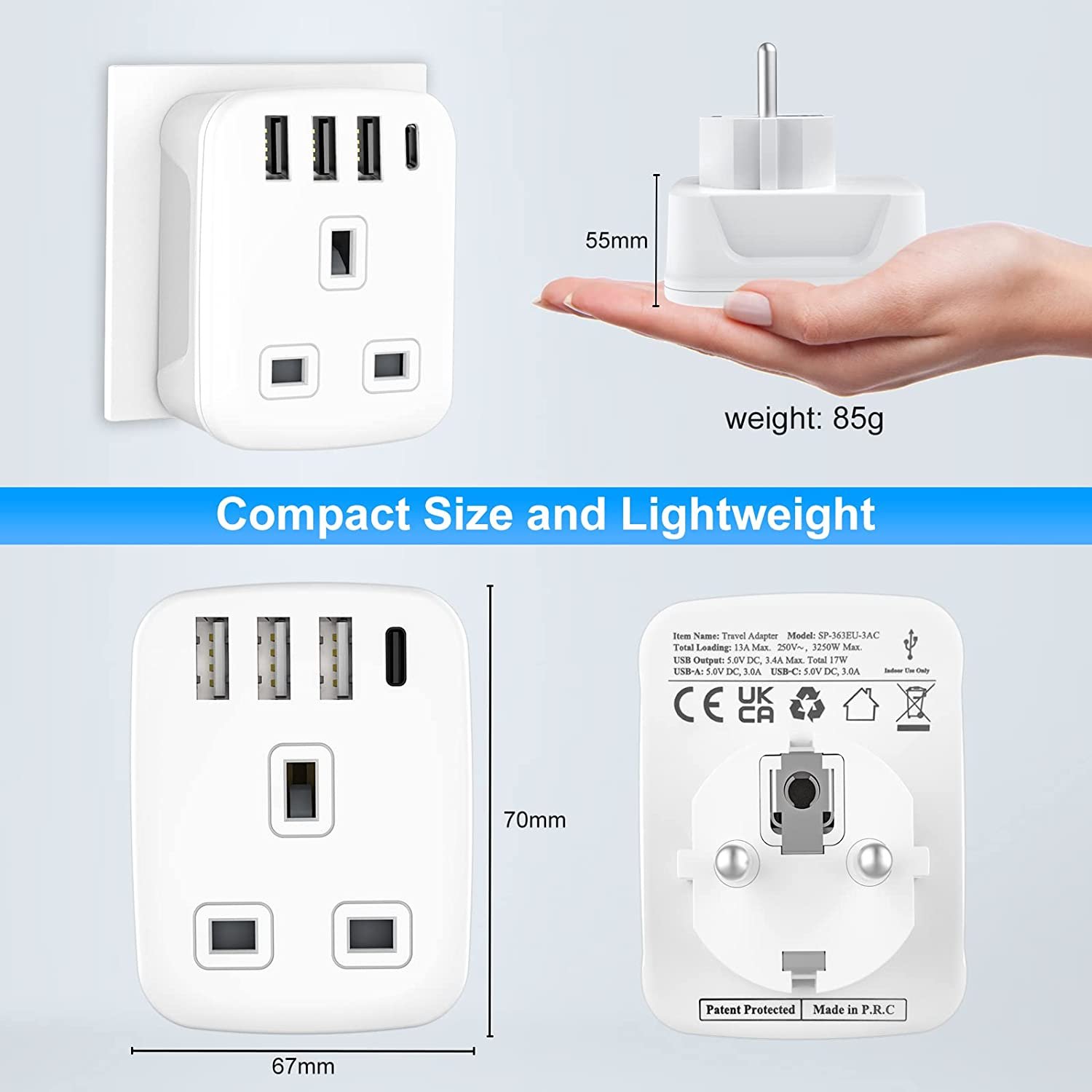 5 in 1 UK to European Adapter USB Plug, EU Schuko Travel Adaptor with 4 USB Ports, Euro Europe Grounded Charger Type C