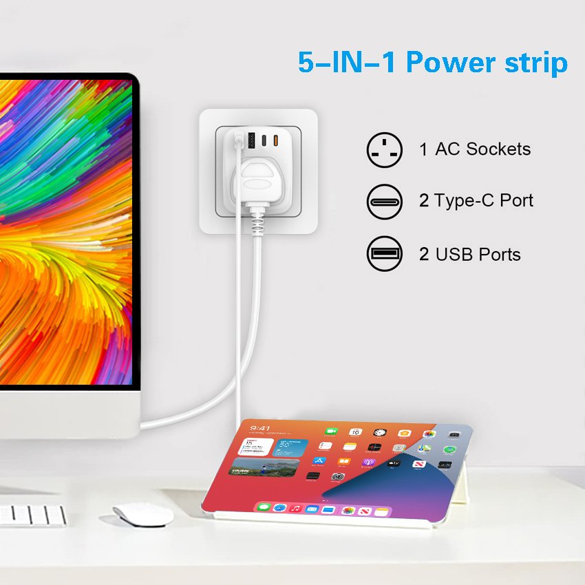 5 in 1 UK to European Adapter USB Plug, EU Schuko Travel Adaptor with 4 USB Ports, Euro Europe Grounded Charger Type C