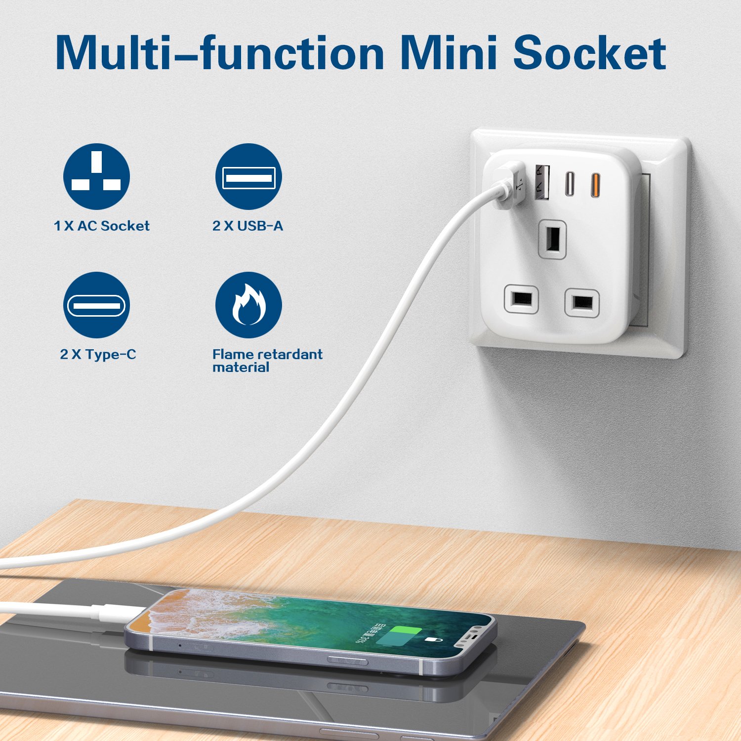 5 in 1 UK to European Adapter USB Plug, EU Schuko Travel Adaptor with 4 USB Ports, Euro Europe Grounded Charger Type C