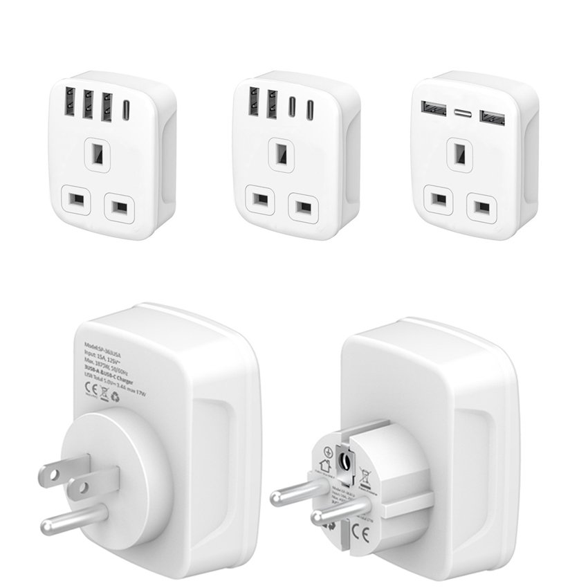 5 in 1 UK to European Adapter USB Plug, EU Schuko Travel Adaptor with 4 USB Ports, Euro Europe Grounded Charger Type C