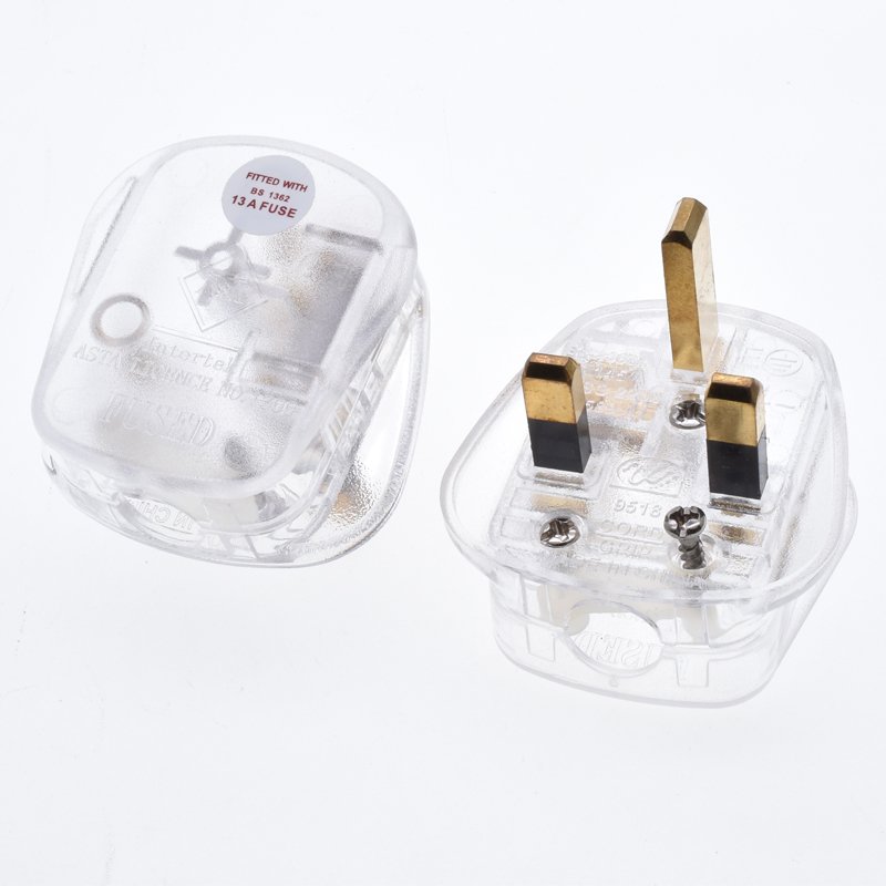 UK plug top transparent full copper 13A 250V Built-in fuse Type-G 3 pins power cord adapter For Britain United kingdom UAE