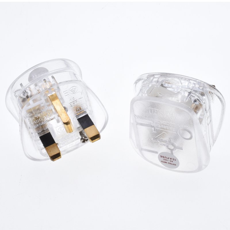 UK plug top transparent full copper 13A 250V Built-in fuse Type-G 3 pins power cord adapter For Britain United kingdom UAE