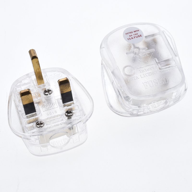 UK plug top transparent full copper 13A 250V Built-in fuse Type-G 3 pins power cord adapter For Britain United kingdom UAE