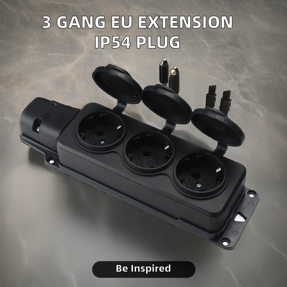 3 Gang Extension EU Sockets Earthing Waterproof Schuko IP54 3-Pin Plug Male Plug Power Stripes 16A Rated Current EU Standard