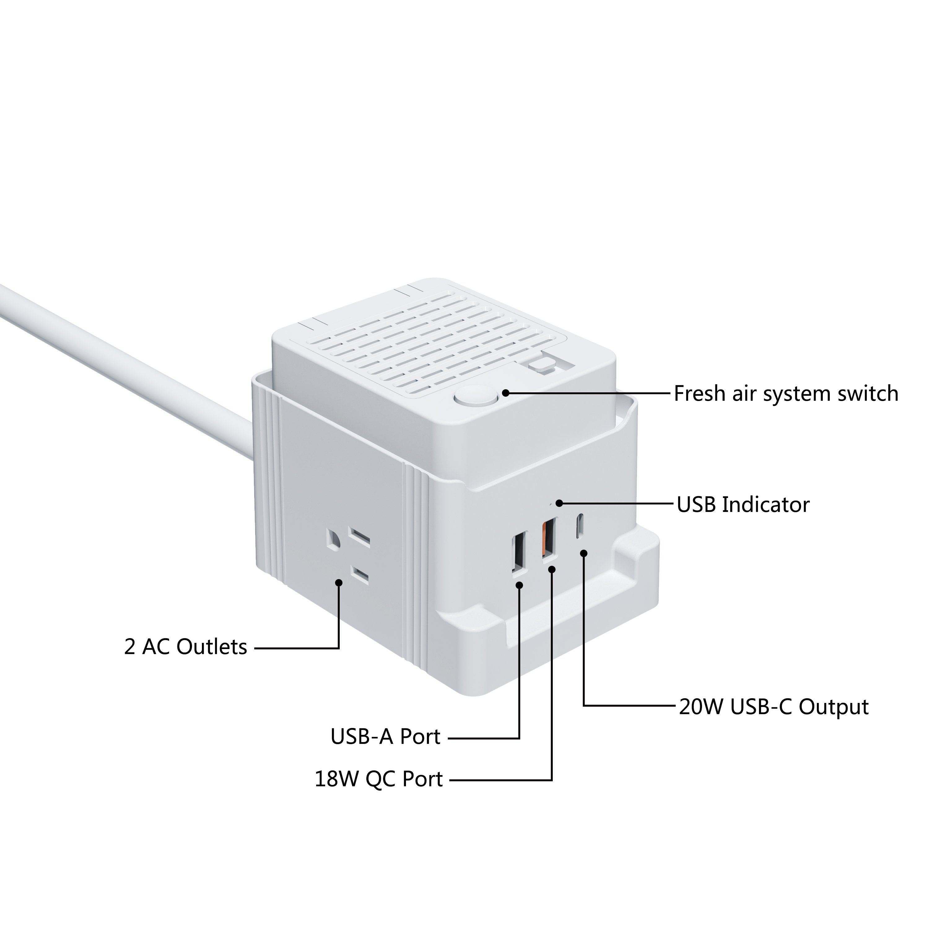 Multi US Plug Mini Furniture Electrical Outlet Socket 2AC Outlets 3 USB Ports Overload Protection Power Strip With Air Purifier