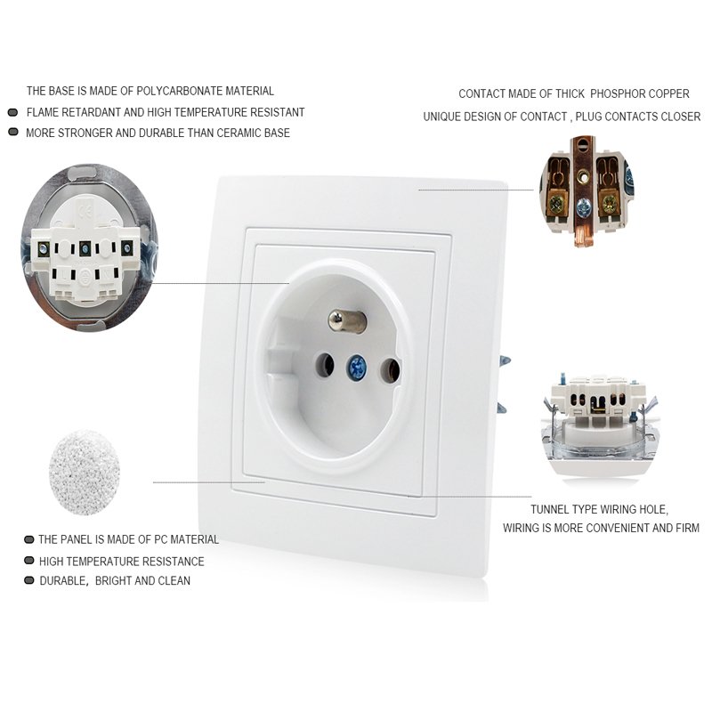 EU Standard French Type Single Wall Mounted Electrical Plug Sockets 16A 110V-250V