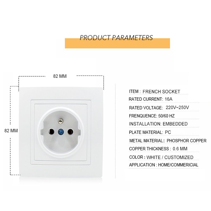EU Standard French Type Single Wall Mounted Electrical Plug Sockets 16A 110V-250V