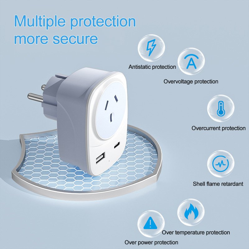 EU Socket UK Plug Adapter 1 USB 1 Type-C Port ABS Travel Wall Socket Type-G L N D H I J Outlets Power Adapter